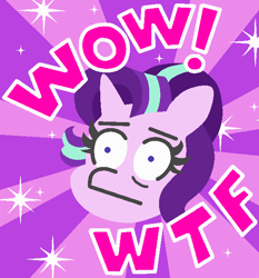 Size: 578x621 | Tagged: safe, artist:threetwotwo32232, imported from derpibooru, starlight glimmer, pony, unicorn, bust, female, head only, mare, meme, shrunken pupils, solo, sunburst background, wow, wow! glimmer, wtf