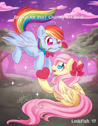 Size: 1024x1317 | Tagged: safe, artist:abbystarling, imported from derpibooru, fluttershy, rainbow dash, pegasus, pony, blushing, book, bronycan, charity, cover art, cute, dashabetes, female, flower, flower in mouth, flutterdash, flying, heart, lesbian, mare, marker drawing, mouth hold, open mouth, shipping, shyabetes, traditional art