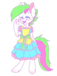 Size: 384x512 | Tagged: source needed, safe, artist:spindlespice, imported from derpibooru, oc, oc only, oc:neon streak, pony, bow, clothes, crossdressing, cute, dress, femboy, laughing, male