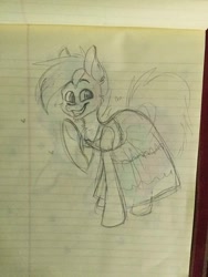 Size: 384x512 | Tagged: safe, artist:spindlespice, imported from derpibooru, oc, oc only, oc:neon streak, pony, clothes, crossdressing, dress, femboy, lined paper, male, solo, traditional art