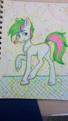 Size: 288x512 | Tagged: safe, artist:spindlespice, imported from derpibooru, oc, oc only, oc:neon streak, pony, femboy, flower, flower in mouth, male, mouth hold, solo, traditional art