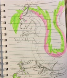 Size: 445x512 | Tagged: safe, artist:spindlespice, imported from derpibooru, oc, oc only, oc:neon streak, dragon, pony, unicorn, lined paper, traditional art