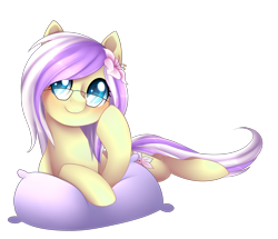Size: 2576x2216 | Tagged: safe, artist:scarlet-spectrum, imported from derpibooru, oc, oc only, oc:azalea floria, pony, flower, flower in hair, glasses, pillow, simple background, solo, transparent background