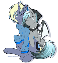Size: 1200x1300 | Tagged: safe, artist:jadekettu, imported from derpibooru, oc, oc only, oc:record sweep, oc:stormy nights, bat pony, pony, unicorn, beanie, clothes, duo, ear piercing, hat, jacket, piercing, simple background, transparent background