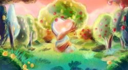 Size: 1417x783 | Tagged: safe, artist:loveless-nights, imported from derpibooru, pony, the perfect pear, apple, apple tree, background, food, intertwined trees, no pony, pear, pear tree, scenery, tree