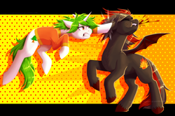 Size: 1600x1063 | Tagged: safe, artist:theoutcastofthenight, imported from derpibooru, oc, oc only, oc:anastasia evergreen, oc:phoenix genevieve, bat pony, pony, unicorn, commission, punch