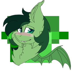 Size: 2047x2041 | Tagged: safe, artist:brokensilence, imported from derpibooru, oc, oc only, oc:nibbles, bat pony, pony, blushing, bust, cute, cute little fangs, fangs, gift art, male, solo