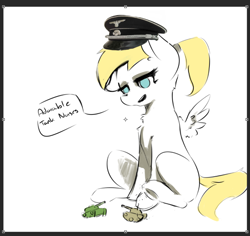 Size: 684x645 | Tagged: safe, artist:anonymous, artist:cowamari, artist:elijah, artist:fuzzpower, edit, imported from derpibooru, screencap, oc, oc only, oc:luftkrieg, pegasus, pony, aryan, aryan pony, blonde, cute, descriptive noise, female, filly, floppy ears, hat, horse noises, lidded eyes, looking down, nazi, nazipone, playing, ponytail, schutzstaffel, selection, simple background, sitting, solo, speech bubble, spread wings, tank (vehicle), toy, white background, wings