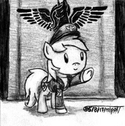 Size: 828x836 | Tagged: safe, artist:anonymous, imported from derpibooru, oc, oc only, oc:aryanne, earth pony, pony, /mlpol/, alacorn, clothes, female, grayscale, hat, heart, heil, mare, monochrome, nazi, raised hoof, reichsadler, reichsalicorn, sieg heil, sketch, smiling, solo, swastika, underhoof, uniform