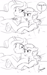 Size: 3296x5272 | Tagged: safe, artist:silfoe, imported from derpibooru, princess celestia, oc, oc:skip tracer, pony, royal sketchbook, bed, canon x oc, cuddling, fart, fart noise, female, grayscale, lesbian, monochrome, onomatopoeia, sound effects, spooning