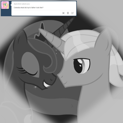 Size: 1024x1024 | Tagged: safe, artist:hakunohamikage, imported from derpibooru, princess luna, oc, pony, unicorn, ask-princesssparkle, ask, canon x oc, female, flashback, male, monochrome, stallion, straight, tumblr