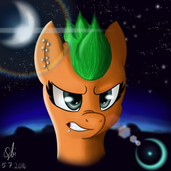 Size: 2000x2000 | Tagged: safe, artist:qbellas, imported from derpibooru, oc, oc only, pony, female, frown, lens flare, moon, solo