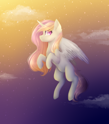 Size: 3000x3426 | Tagged: safe, artist:shiromidorii, imported from derpibooru, oc, oc only, oc:lily, alicorn, pony, female, flying, high res, mare, solo, twilight (astronomy)