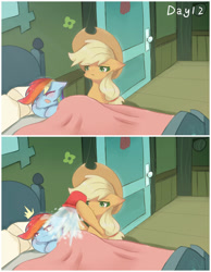 Size: 1420x1830 | Tagged: safe, artist:irenla, imported from derpibooru, applejack, rainbow dash, earth pony, pony, appledash, applejerk, bed, bedsheets, bucket, comic, cowboy hat, female, hat, lesbian, mare, pillow, shipping, stetson, waking up, water