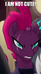 Size: 600x1073 | Tagged: safe, edit, edited screencap, imported from derpibooru, screencap, tempest shadow, pony, unicorn, my little pony: the movie, angry, armor, blatant lies, broken horn, bust, commander cute, cute, edgy, eye scar, female, female focus, frown, i'm not cute, image macro, madorable, mare, meme, memeful.com, pretty pretty tempest, puns in the comments, scar, solo focus, storm guard, teeth, tempestbetes