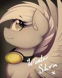 Size: 1200x1500 | Tagged: safe, artist:thebatfang, imported from derpibooru, oc, oc only, oc:winter storm, pegasus, pony, autograph, female, goggles, looking back, simple background, smiling, solo, wings