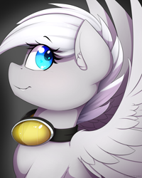 Size: 1200x1500 | Tagged: safe, artist:thebatfang, imported from derpibooru, oc, oc only, oc:winter storm, pegasus, pony, ear fluff, female, goggles, looking back, simple background, smiling, solo, wings