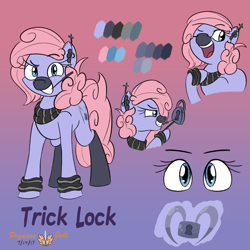 Size: 2000x2000 | Tagged: safe, artist:floofyfoxcomics, imported from derpibooru, oc, oc only, oc:trick lock, earth pony, pony, female, high res, lockpicking, mare, mouth hold, padlock, reference sheet, solo