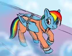 Size: 800x617 | Tagged: safe, artist:tielgar, imported from derpibooru, rainbow dash, pony, bound wings, chains, clothes, cuffs, female, prison outfit, prisoner, prisoner rd, shackles, solo