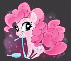 Size: 3500x3000 | Tagged: safe, artist:dressella, imported from derpibooru, pinkie pie, pony, biting, cutie mark, female, heart eyes, looking at you, mane, ribbon, sitting, smiling, solo, tail, wingding eyes