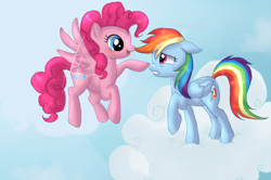 Size: 800x530 | Tagged: safe, artist:pinkamina-diane-pie, edit, imported from derpibooru, pinkie pie, rainbow dash, pegasus, pony, boop, cloud, flying, hilarious in hindsight, noseboop, pegasus pinkie pie, race swap