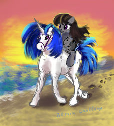 Size: 1563x1719 | Tagged: safe, artist:xbi, imported from derpibooru, dj pon-3, octavia melody, vinyl scratch, horse, pony, 30 minute art challenge, beach, female, hoers, horse riding a horse, lesbian, octavia riding dj pon 3, ponies riding horses, ponies riding ponies, riding, scratchtavia, shipping