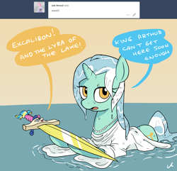 Size: 2100x2024 | Tagged: safe, artist:docwario, imported from derpibooru, bon bon, lyra heartstrings, sweetie drops, pony, unicorn, ask, askblankbon, bonpun, dialogue, excalibur, female, inanimate tf, king arthur, lady of the lake, lake, lesbian, lyrabon, pun, shipping, speech bubble, sword, transformation, tumblr, weapon, wet clothes, wet mane