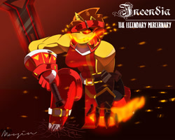 Size: 2500x2000 | Tagged: safe, artist:mopyr, imported from derpibooru, oc, oc only, oc:incendia, anthro, badass, fire, gauntlet, muscles, solo, sword, weapon