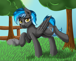 Size: 1500x1200 | Tagged: safe, artist:blues4th, imported from derpibooru, oc, oc only, oc:kepler, pegasus, pony, pony town, bedroom eyes, male, outdoors, solo, stallion, standing, tree, wings