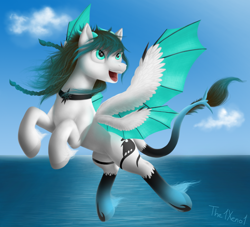 Size: 1100x1000 | Tagged: safe, artist:the1xeno1, imported from derpibooru, oc, oc only, pony, flying, ocean, open mouth, solo