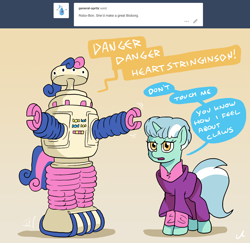 Size: 2100x2038 | Tagged: safe, artist:docwario, imported from derpibooru, bon bon, lyra heartstrings, sweetie drops, pony, robot, unicorn, ask, askblankbon, bon bot, bonpun, clothes, dialogue, dr smith, female, lesbian, lost in space, lyrabon, pun, shipping, simple background, speech bubble, transformation, tumblr, yellow background