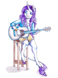 Size: 900x1200 | Tagged: safe, artist:earthsong9405, imported from derpibooru, rarity, anthro, classical unicorn, unguligrade anthro, unicorn, clothes, cloven hooves, guitar, guitarity, leonine tail, nail polish, shorts, unshorn fetlocks