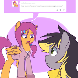 Size: 900x900 | Tagged: safe, artist:senseidezzy, deleted from derpibooru, imported from derpibooru, imported from ponybooru, scootaloo, oc, oc:aero, pegasus, pony, comic:ask motherly scootaloo, ask, clothes, colt, hairpin, male, motherly scootaloo, offspring, older, older scootaloo, parent:derpy hooves, parent:oc:warden, parents:canon x oc, parents:warderp, ponerpics import, scarf, sweatshirt, tumblr