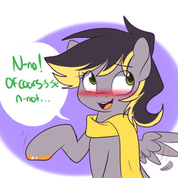 Size: 900x900 | Tagged: safe, artist:senseidezzy, deleted from derpibooru, imported from derpibooru, imported from ponybooru, oc, oc only, oc:aero, pegasus, pony, blatant lies, blushing, clothes, colt, hoof polish, male, offspring, parent:derpy hooves, parent:oc:warden, parents:canon x oc, parents:warderp, ponerpics import, scarf, solo, tumblr