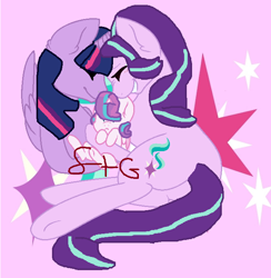 Size: 656x673 | Tagged: safe, artist:sonicandgroot, imported from derpibooru, princess flurry heart, starlight glimmer, twilight sparkle, pony, babysitting, cuddling, cutie mark background, eyes closed, female, hug, lesbian, shipping, twistarlight, watermark