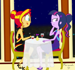 Size: 1024x960 | Tagged: safe, artist:fernandash, imported from derpibooru, sunset shimmer, twilight sparkle, equestria girls, alcohol, alternate hairstyle, clothes, date, dress, female, glass, lesbian, shipping, sunsetsparkle, wine, wine glass