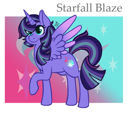 Size: 898x796 | Tagged: safe, artist:lolwutart, imported from derpibooru, oc, oc only, oc:starfall blaze, alicorn, pony, alicorn oc, cutie mark background, magical lesbian spawn, offspring, parent:starlight glimmer, parent:twilight sparkle, parents:twistarlight