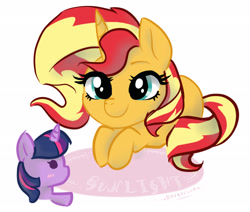 Size: 2600x2200 | Tagged: safe, artist:dressella, imported from derpibooru, sunset shimmer, twilight sparkle, pony, unicorn, cute, doll, female, lesbian, plushie, shimmerbetes, shipping, simple background, smiling, solo, sunsetsparkle, toy