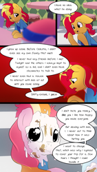 Size: 720x1280 | Tagged: safe, artist:little-tweenframes, deleted from derpibooru, imported from derpibooru, sunset shimmer, oc, oc:honeycrisp blossom, earth pony, pony, comic:the wonder scouts, series:sciset diary, apology, comic, equestria girls ponified, female, filly, food, food on face, ice cream, messy, offspring, parent:big macintosh, parent:princess cadance, parents:cadmac, ponified, vulgar