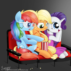 Size: 2000x2000 | Tagged: safe, artist:songbirdserenade, imported from derpibooru, applejack, rainbow dash, rarity, earth pony, pegasus, pony, unicorn, 3d glasses, cinema, clothes, dress, female, food, high res, mare, popcorn, straw