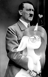 Size: 807x1280 | Tagged: safe, artist:einzie, deleted from derpibooru, imported from derpibooru, oc, oc only, oc:vicky turner, human, pony, unicorn, adolf hitler, aryan pony, cheek fluff, chest fluff, cute, ear fluff, female, floppy ears, grayscale, heart, holding a pony, hug, mare, monochrome, nazi, photo, photoshop, starry eyes, wingding eyes