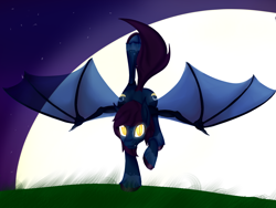 Size: 1200x900 | Tagged: safe, artist:bevendre, imported from derpibooru, oc, oc only, oc:midnight oil, bat pony, pony, bat wings, full moon, glowing eyes, landing, moon, slit eyes, slit pupils