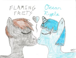 Size: 1640x1259 | Tagged: safe, imported from derpibooru, oc, oc only, oc:flaming frets, oc:ocean ripple, pony, crayon drawing, heart, oc x oc, shipping, traditional art