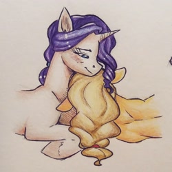 Size: 1850x1850 | Tagged: safe, artist:eeviart, imported from derpibooru, applejack, rarity, pony, colored sketch, female, lesbian, prone, rarijack, shipping, sketch, sleeping, traditional art