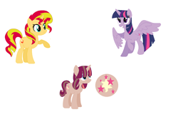 Size: 1412x964 | Tagged: safe, artist:therainboowpencil, imported from derpibooru, sunset shimmer, twilight sparkle, oc, oc:sun stars, alicorn, pony, cutie mark, family, female, lesbian, magical lesbian spawn, offspring, parent:sunset shimmer, parent:twilight sparkle, parents:sunsetsparkle, shipping, simple background, sunsetsparkle, twilight sparkle (alicorn)