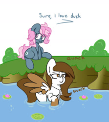 Size: 1615x1808 | Tagged: safe, artist:lou, imported from derpibooru, oc, oc only, oc:dusty star major, oc:juicy dream, pony, behaving like a duck, jewelry, necklace, sitting, swimming, water