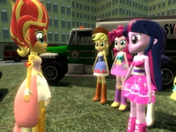 Size: 1024x768 | Tagged: safe, artist:sonic5421, imported from derpibooru, applejack, fluttershy, pinkie pie, rarity, sunset shimmer, twilight sparkle, equestria girls, 3d, bare shoulders, daydream shimmer, fall formal outfits, fire engine, gmod, grand theft auto vice city, police, sleeveless, strapless, twilight ball dress, twilight sparkle (alicorn)