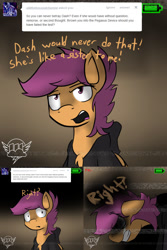 Size: 1500x2250 | Tagged: safe, artist:conmanwolf, imported from derpibooru, scootaloo, pegasus, pony, ask factory scootaloo, fanfic:rainbow factory, battery, clothes, comic, crying, factory scootaloo, recording