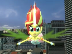 Size: 1024x768 | Tagged: safe, artist:sonic5421, imported from derpibooru, sunset shimmer, equestria girls, 3d, building, city, daydream shimmer, flying, gmod, happy