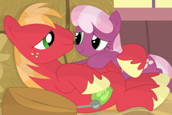 Size: 3466x2318 | Tagged: safe, artist:porygon2z, imported from derpibooru, big macintosh, cheerilee, pony, bedroom eyes, cheerimac, female, hay bale, holding, horse collar, hug, lidded eyes, male, mare, on back, shipping, stallion, straight, vector, yoke